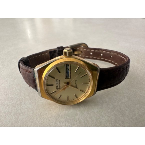 Gruen Precision Quartz vintage gold tone case genuine leather strap watch main image 5